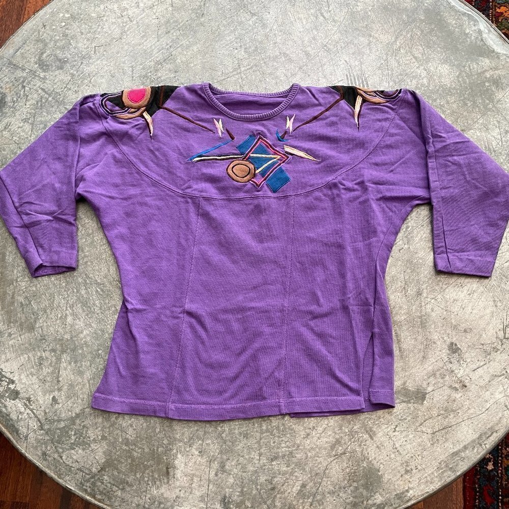 Vintage 80s Embroidered Geometric Patch Graphic Long Sleeve Shirt Purple S/M
